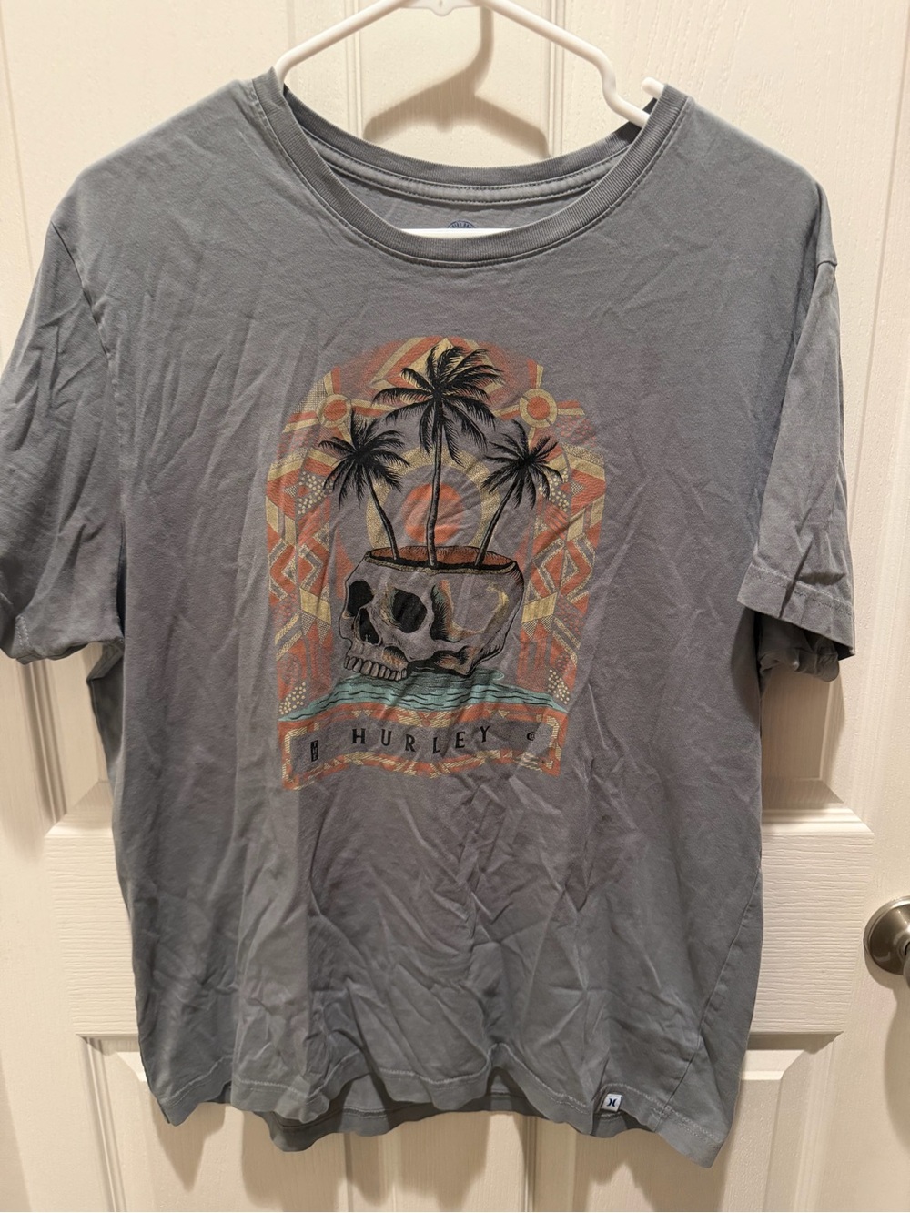 Hurley Skull Palm Tree Graphic T-Shirt Gray Surf Skate Men's Large